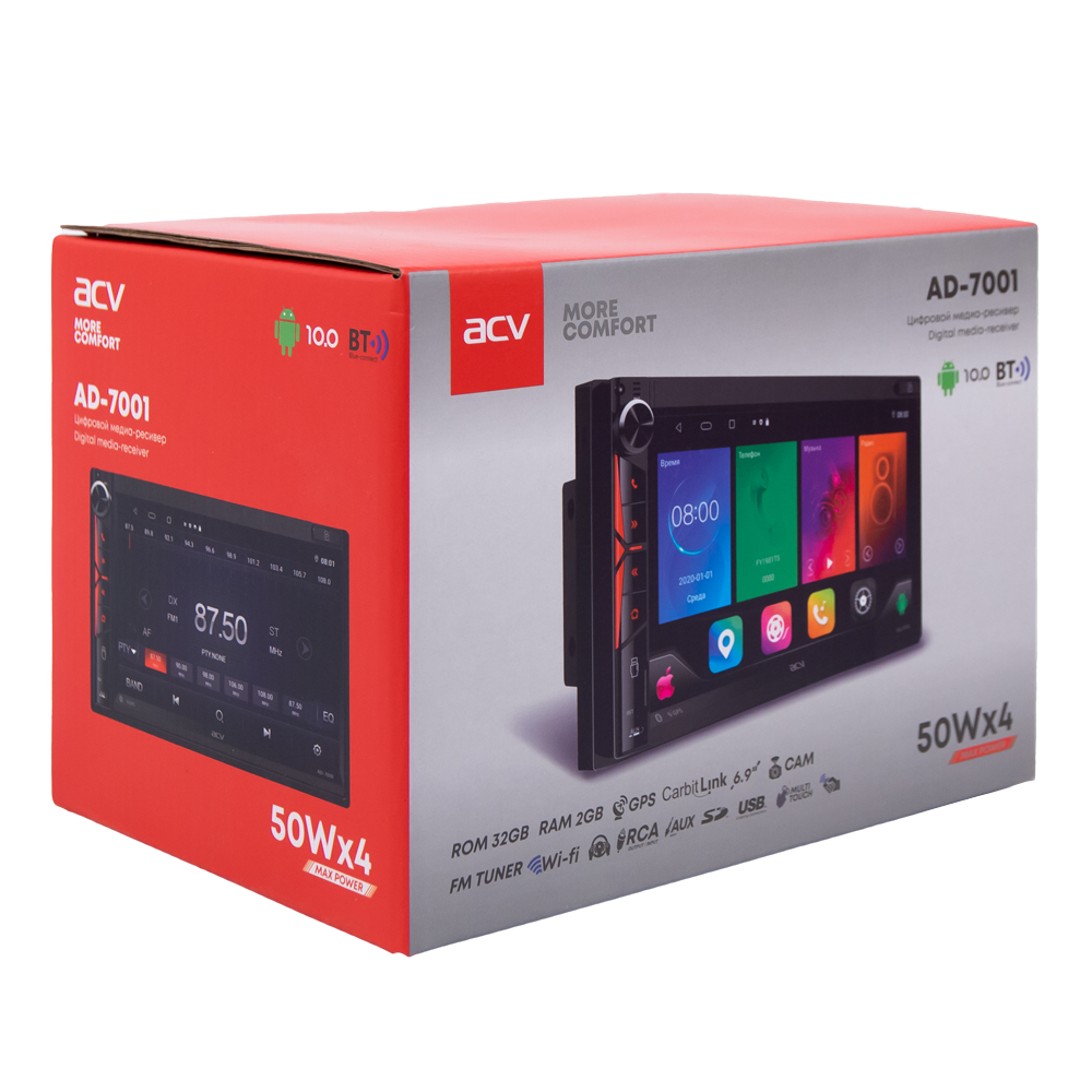 ACV AD-7001 (2din EURO/мультимедиа/6.9"/Android 10/1024*600/2+32Гб/FM/AM/2*USB/RDS/SD/4*50/BT/GPS